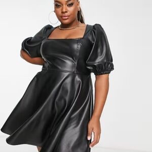 Black Faux Leather Puff Sleeve Dress